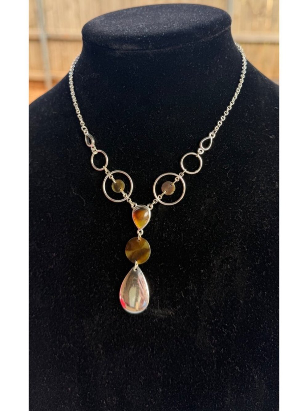 Y-Drop Fashion Jewelry Necklace Silver-Tone w/Geometric Amber & Brown Circles